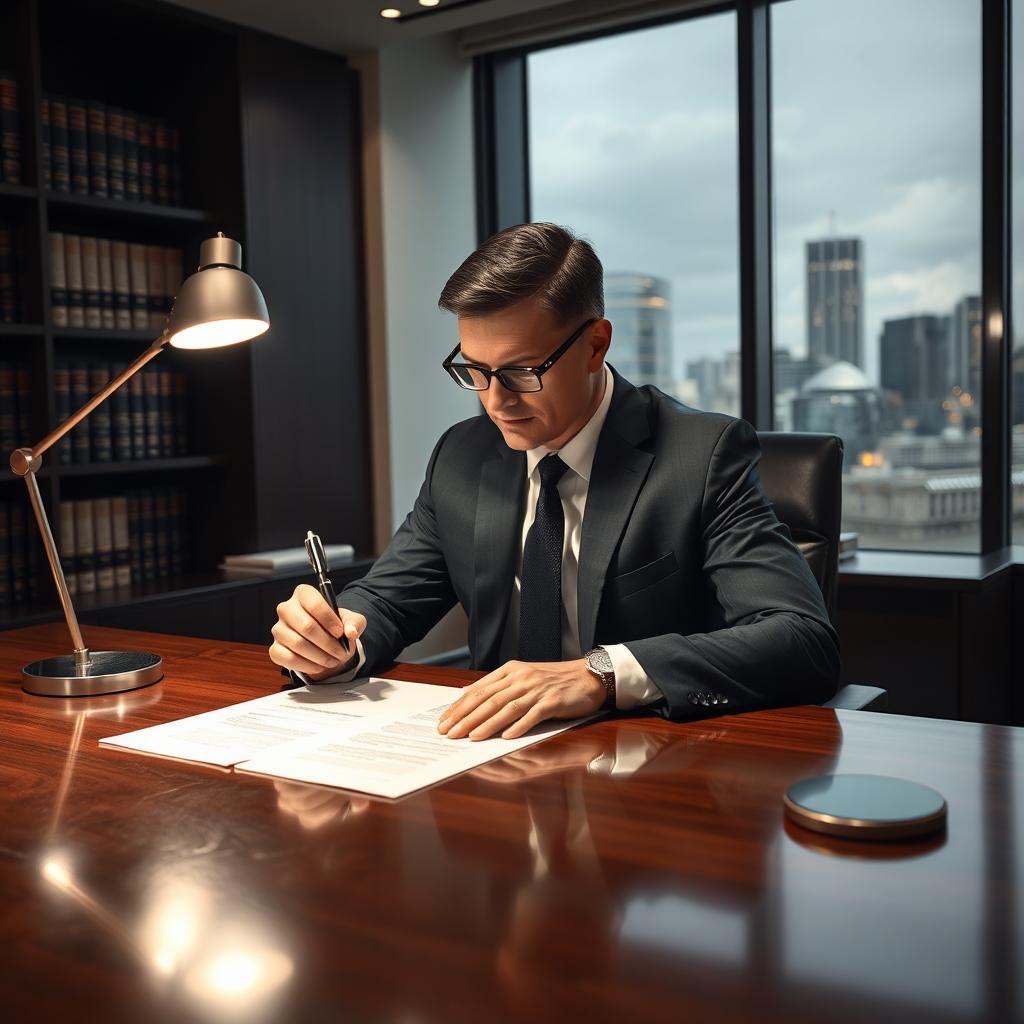 A professional male lawyer in a sleek modern law office, sitting behind a sophisticated wooden table, deeply focused on drafting a defense bill