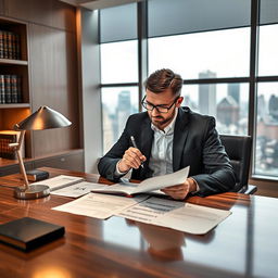 A professional male lawyer in a sleek modern law office, sitting behind a sophisticated wooden table, deeply focused on drafting a defense bill