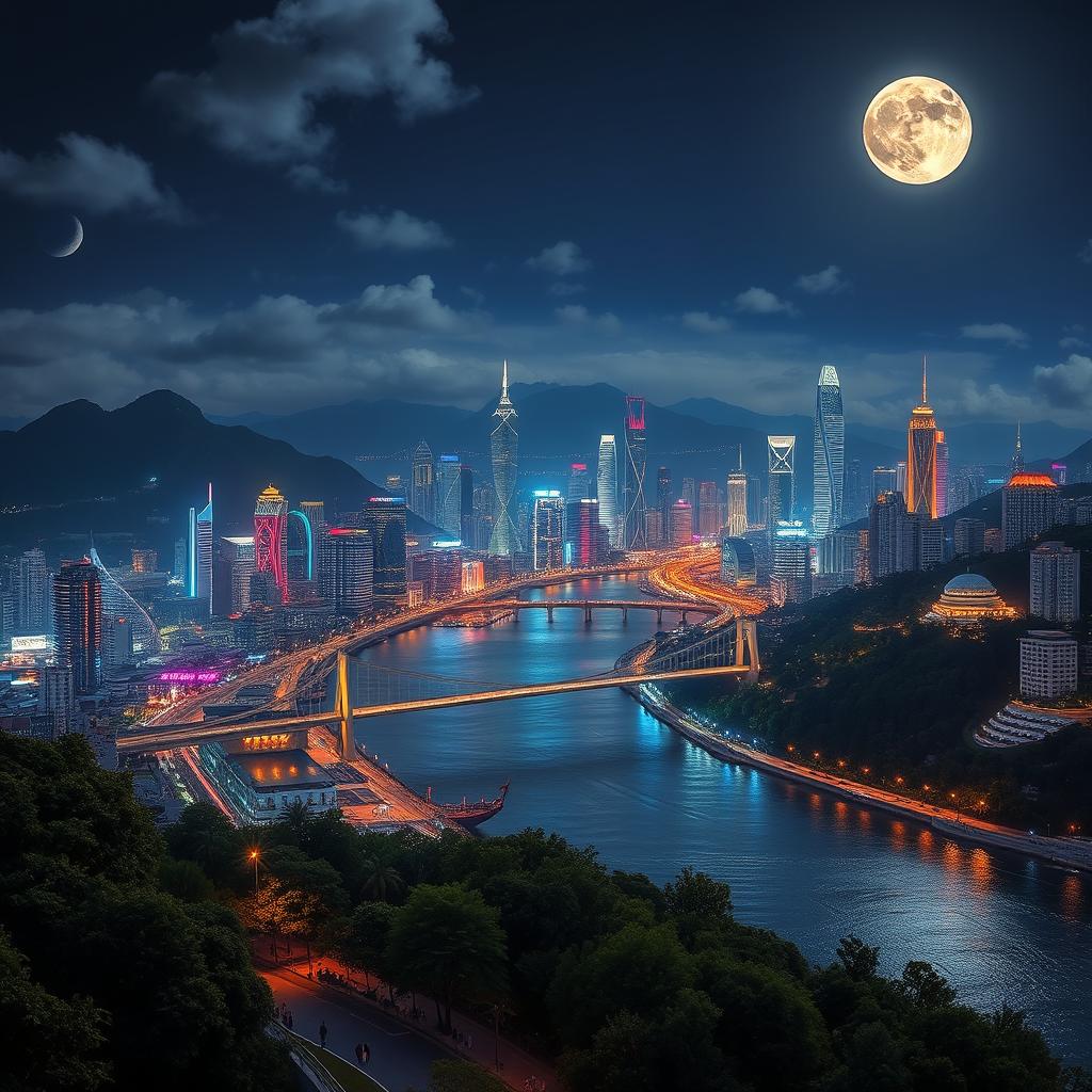 A stunning night view of a beautiful city called Yami, showcasing a skyline filled with futuristic skyscrapers illuminated with vibrant neon lights