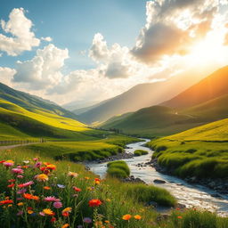 A vibrant and dynamic image featuring a picturesque landscape of a lush valley with rolling green hills, fluffy white clouds, golden sun rays cascading down, vibrant wildflowers in various colors, and a clear river flowing through the scene