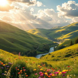A vibrant and dynamic image featuring a picturesque landscape of a lush valley with rolling green hills, fluffy white clouds, golden sun rays cascading down, vibrant wildflowers in various colors, and a clear river flowing through the scene