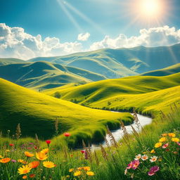 A vibrant and dynamic image featuring a picturesque landscape of a lush valley with rolling green hills, fluffy white clouds, golden sun rays cascading down, vibrant wildflowers in various colors, and a clear river flowing through the scene
