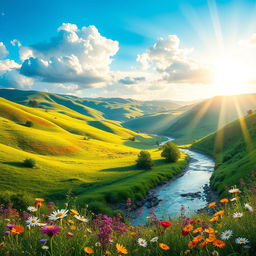 A vibrant and dynamic image featuring a picturesque landscape of a lush valley with rolling green hills, fluffy white clouds, golden sun rays cascading down, vibrant wildflowers in various colors, and a clear river flowing through the scene