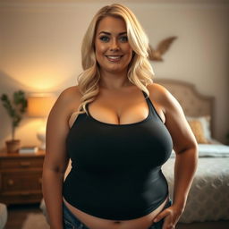 A blonde woman characterized by her voluptuous figure and large breasts, wearing a tight-fitting tank top that accentuates her curves