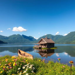 A serene landscape featuring a tranquil lake surrounded by lush green mountains under a clear blue sky