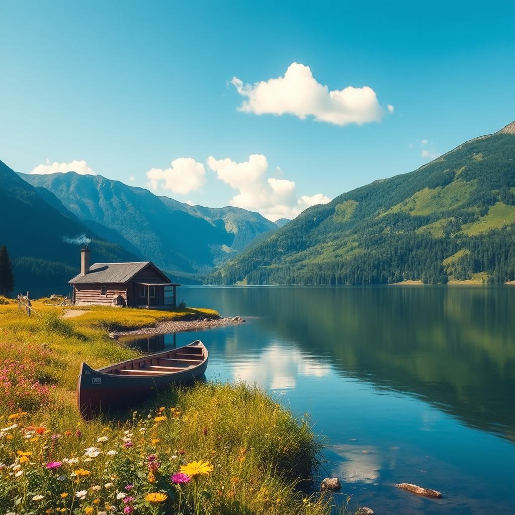 A serene landscape featuring a tranquil lake surrounded by lush green mountains under a clear blue sky