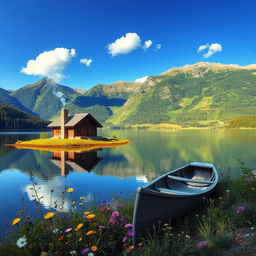A serene landscape featuring a tranquil lake surrounded by lush green mountains under a clear blue sky