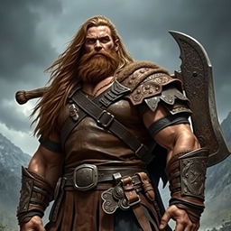 A big human man warrior with long chestnut brown hair flowing down his back, wearing rugged leather armor that accentuates his broad shoulders and well-defined muscles