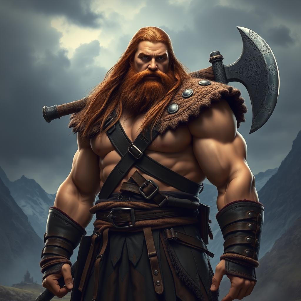 A big human man warrior with long chestnut brown hair flowing down his back, wearing rugged leather armor that accentuates his broad shoulders and well-defined muscles