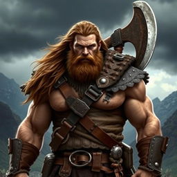 A big human man warrior with long chestnut brown hair flowing down his back, wearing rugged leather armor that accentuates his broad shoulders and well-defined muscles