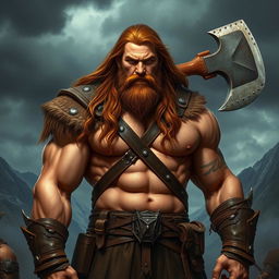 A big human man warrior with long chestnut brown hair flowing down his back, wearing rugged leather armor that accentuates his broad shoulders and well-defined muscles