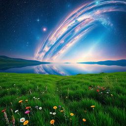 A stunning surreal landscape that combines a vibrant, cosmic sky filled with swirling galaxies and bright stars with a serene, reflective lake that mirrors the starry night