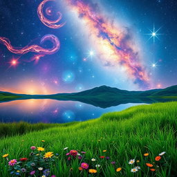 A stunning surreal landscape that combines a vibrant, cosmic sky filled with swirling galaxies and bright stars with a serene, reflective lake that mirrors the starry night