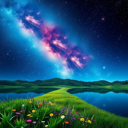 A stunning surreal landscape that combines a vibrant, cosmic sky filled with swirling galaxies and bright stars with a serene, reflective lake that mirrors the starry night