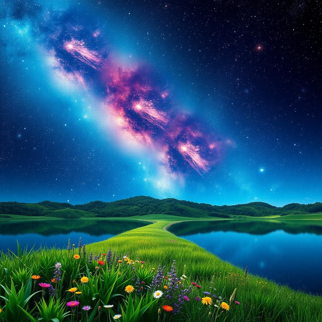 A stunning surreal landscape that combines a vibrant, cosmic sky filled with swirling galaxies and bright stars with a serene, reflective lake that mirrors the starry night