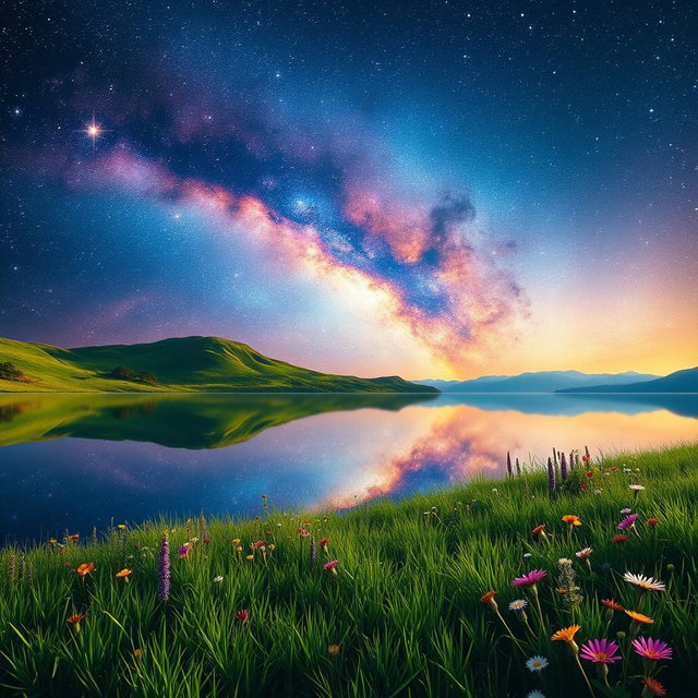 A stunning surreal landscape that combines a vibrant, cosmic sky filled with swirling galaxies and bright stars with a serene, reflective lake that mirrors the starry night