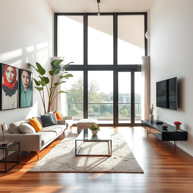 A sleek and stylish modern living room featuring minimalist furniture, large windows allowing natural light to flood in, and contemporary art hanging on the walls