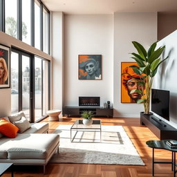 A sleek and stylish modern living room featuring minimalist furniture, large windows allowing natural light to flood in, and contemporary art hanging on the walls