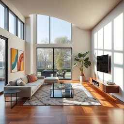 A sleek and stylish modern living room featuring minimalist furniture, large windows allowing natural light to flood in, and contemporary art hanging on the walls