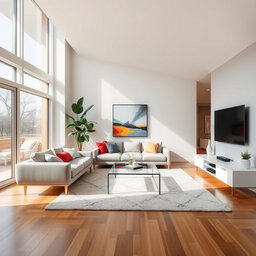 A sleek and stylish modern living room featuring minimalist furniture, large windows allowing natural light to flood in, and contemporary art hanging on the walls
