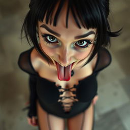 A stunning and highly detailed close-up of a petite goth girl, capturing her face in a point of view perspective as she looks up at the camera with an exaggerated ahegao expression