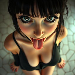 A stunning and highly detailed close-up of a petite goth girl, capturing her face in a point of view perspective as she looks up at the camera with an exaggerated ahegao expression