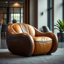 A stunning Bugatti-inspired chair featuring a sleek design with a combination of brown and mustard colors
