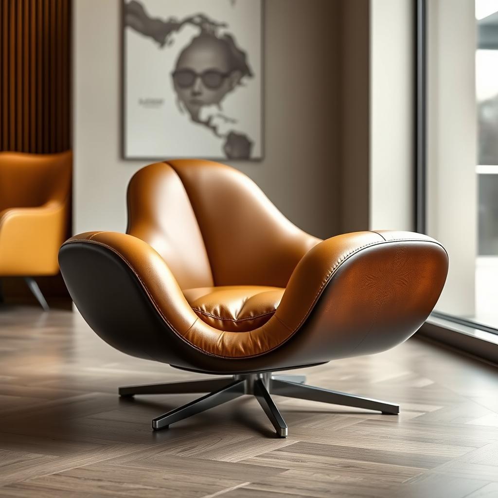 A stunning Bugatti-inspired chair featuring a sleek design with a combination of brown and mustard colors