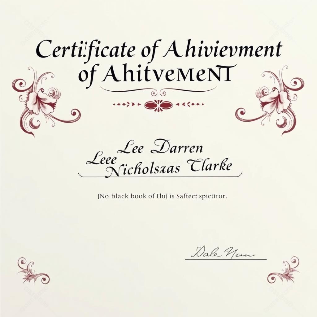 A formal certificate design featuring elegant calligraphy and floral borders