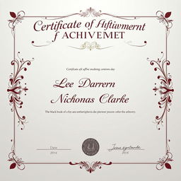 A formal certificate design featuring elegant calligraphy and floral borders