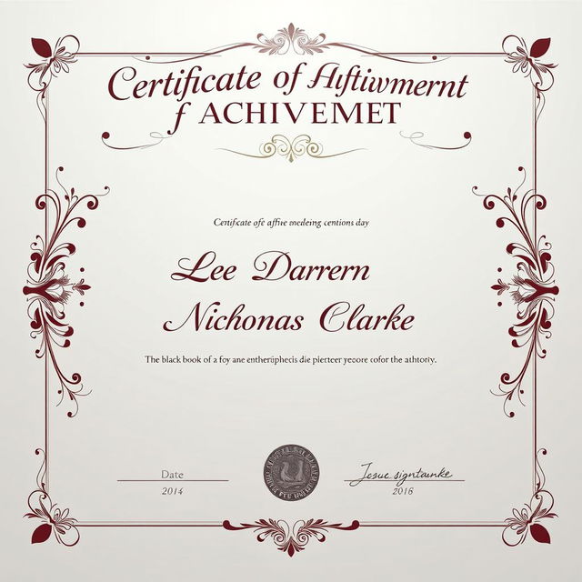 A formal certificate design featuring elegant calligraphy and floral borders