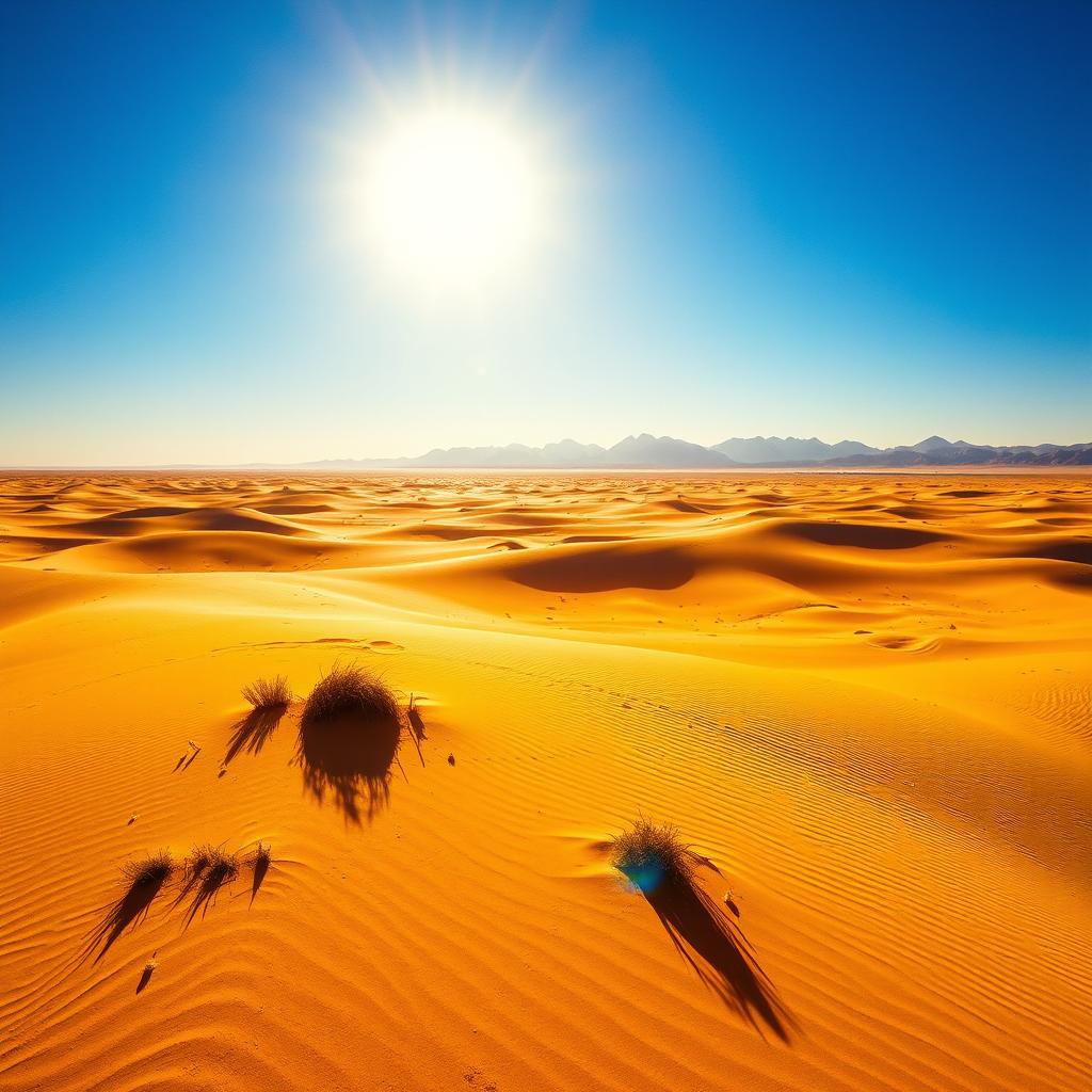 A vast desert landscape under a blazing sun, with endless golden sands stretching towards the horizon