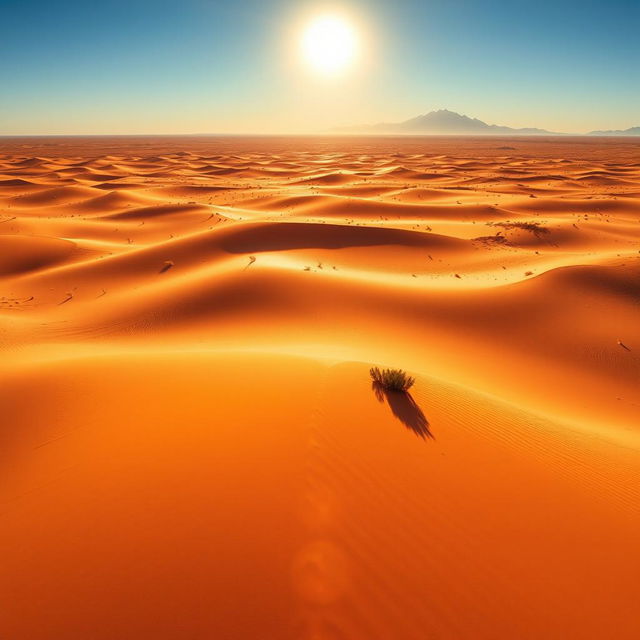 A vast desert landscape under a blazing sun, with endless golden sands stretching towards the horizon