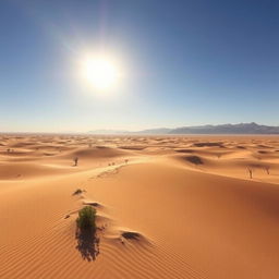 A vast desert landscape under a blazing sun, with endless golden sands stretching towards the horizon