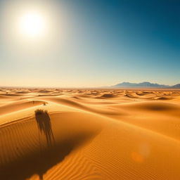 A vast desert landscape under a blazing sun, with endless golden sands stretching towards the horizon