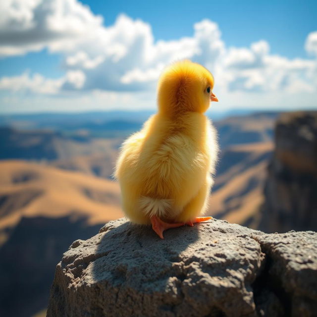 A cute yellow chick sitting down with its back facing the camera, on the edge of a majestic cliff