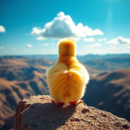 A cute yellow chick sitting down with its back facing the camera, on the edge of a majestic cliff