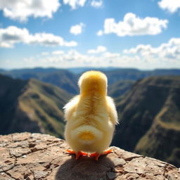 A cute yellow chick sitting down with its back facing the camera, on the edge of a majestic cliff