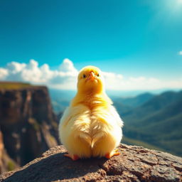 A cute yellow chick sitting down with its back facing the camera, on the edge of a majestic cliff