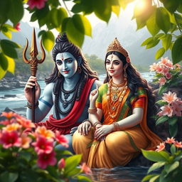A serene and peaceful depiction of Hindu deities Shiva and Parvati, surrounded by lush greenery and blooming flowers