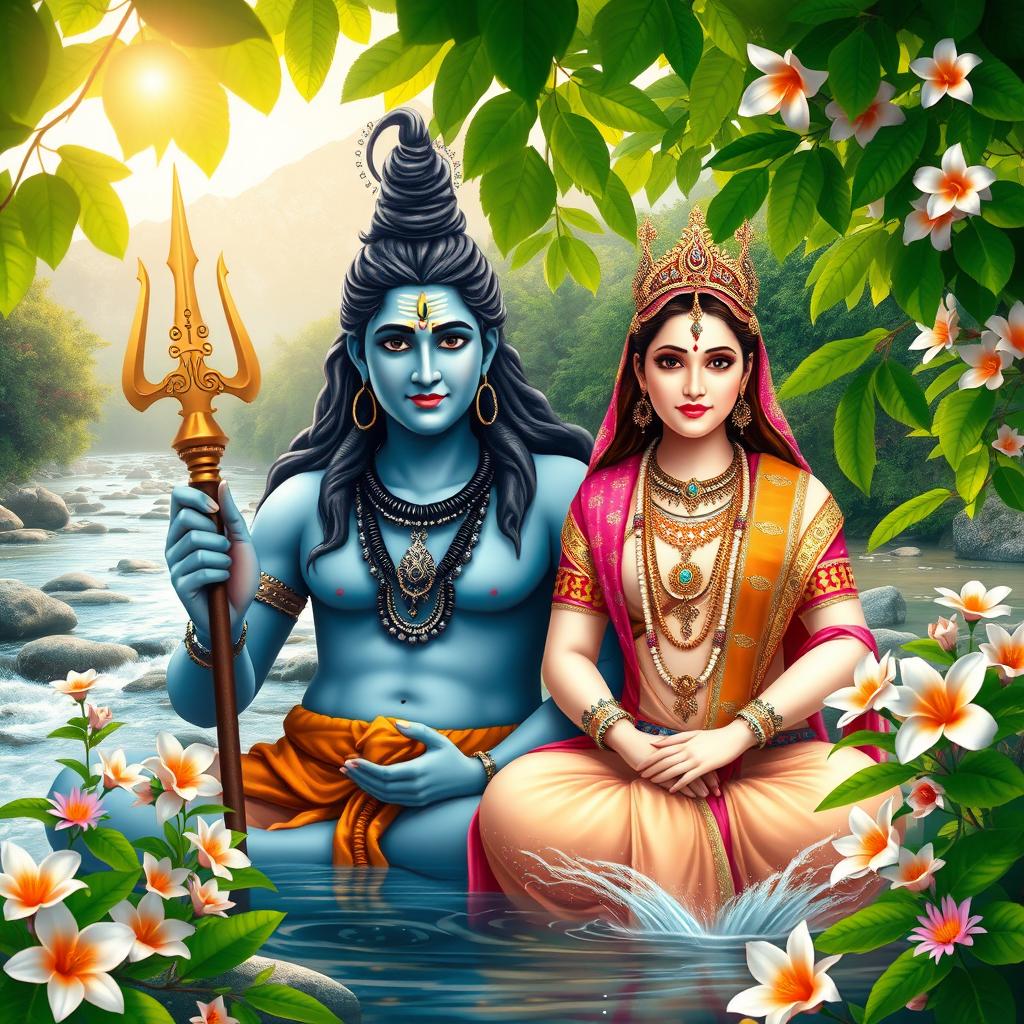 A serene and peaceful depiction of Hindu deities Shiva and Parvati, surrounded by lush greenery and blooming flowers