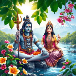 A serene and peaceful depiction of Hindu deities Shiva and Parvati, surrounded by lush greenery and blooming flowers