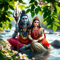 A serene and peaceful depiction of Hindu deities Shiva and Parvati, surrounded by lush greenery and blooming flowers