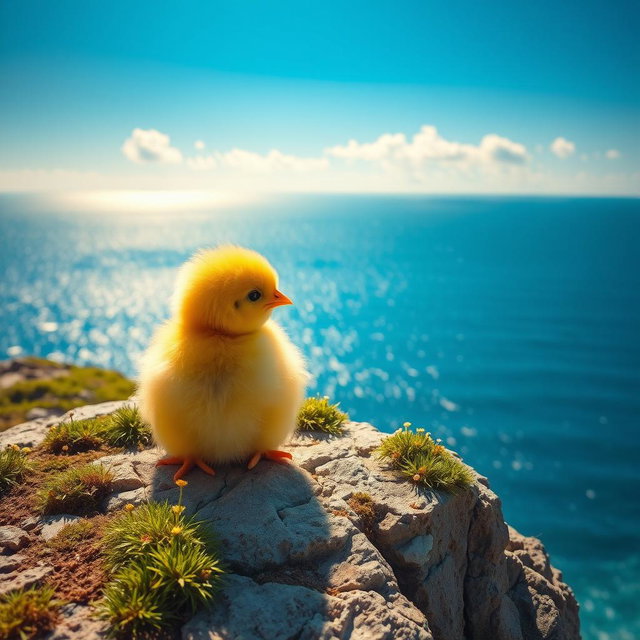 A cute yellow chick sitting down peacefully on a cliff, facing the vast blue sea