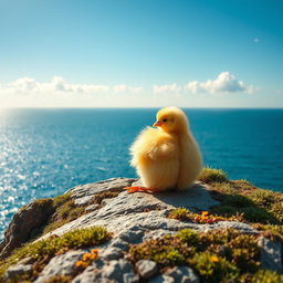 A cute yellow chick sitting down peacefully on a cliff, facing the vast blue sea