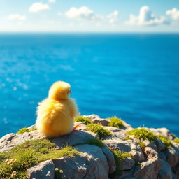 A cute yellow chick sitting down peacefully on a cliff, facing the vast blue sea