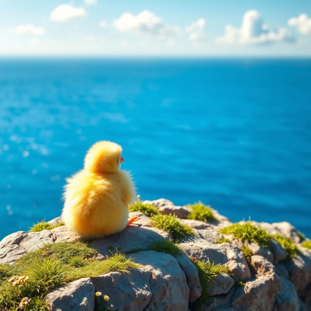 A cute yellow chick sitting down peacefully on a cliff, facing the vast blue sea