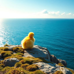 A cute yellow chick sitting down peacefully on a cliff, facing the vast blue sea