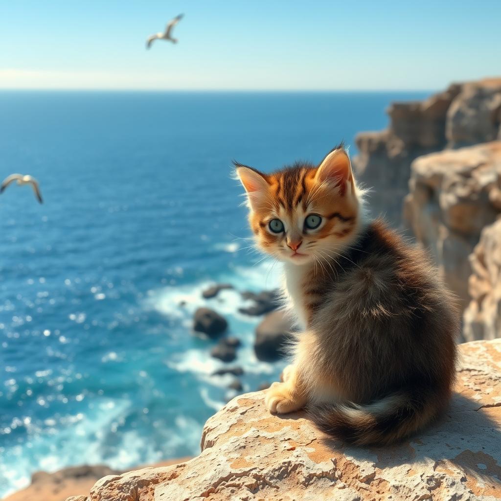 A cute fluffy kitten sitting down on a rocky cliff, facing a beautiful shimmering sea under a clear blue sky