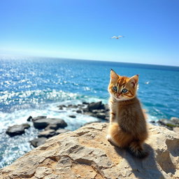 A cute fluffy kitten sitting down on a rocky cliff, facing a beautiful shimmering sea under a clear blue sky